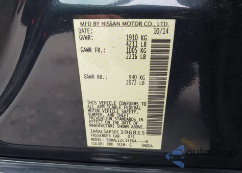 2015 Nissan Altima 2.5 S из США, поврежденный, VIN 1N4AL3AP5FC196815